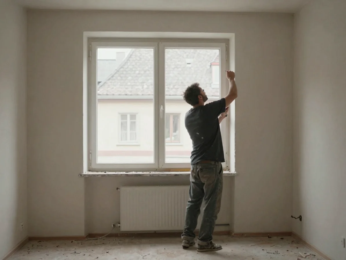 Wetzlar: Handwerker bei Malerarbeiten in einem Wohnraum, natürliches Tageslicht durch ein Fenster, Baustaub auf dem Bode