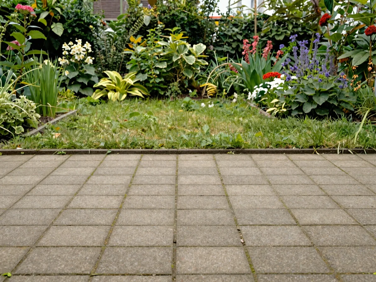 Gepflasterte Terrasse und Rasenfläche in einem mitteleuropäischen